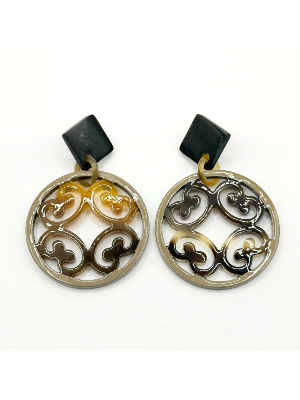 Round Resin Drop Earrings With Black & Brown Geometric Post